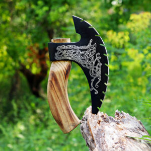 Handcrafted Viking Style Bearded Axe – Engraved Carbon Steel Blade with Wooden Handle