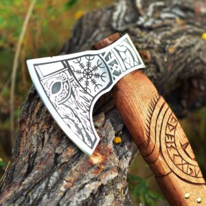 Handcrafted Viking Bearded Axe – Engraved Carbon Steel Blade with Carved Wooden Handle