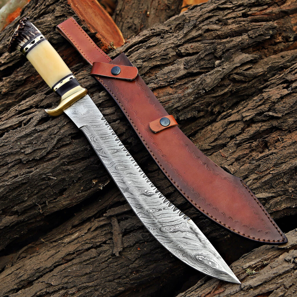 Handmade Damascus Steel Bowie Knife – Razor Sharp Hunting Knife with Bone Handle & Brass Guard | Camping, Survival & Collector Blade