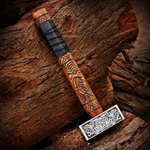 Handcrafted Viking Thor Hammer – Engraved Norse Mjölnir with Carved Wooden Handle
