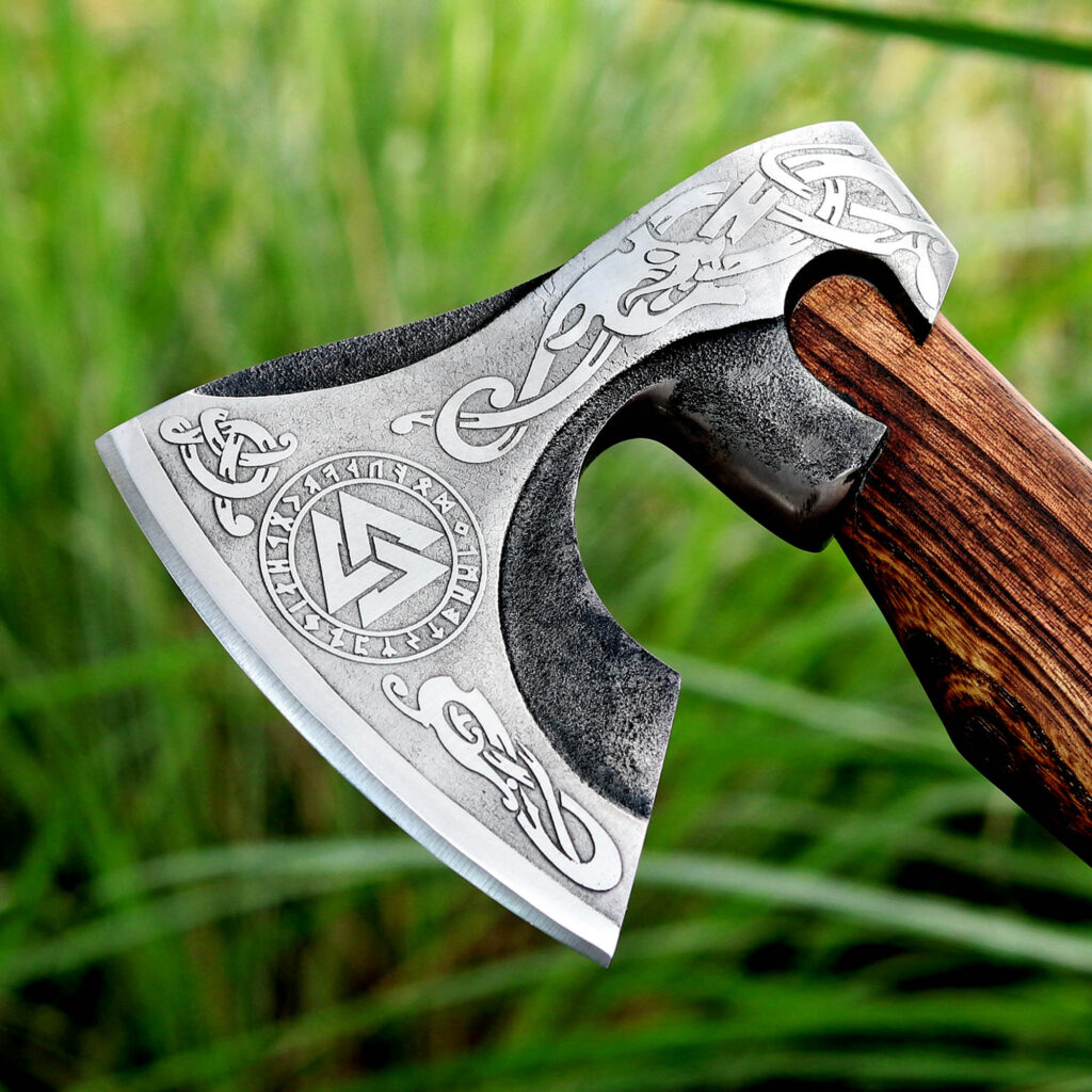 Handcrafted Viking Engraved Bearded Axe – Norse Rune & Valknut Steel Hatchet with Wooden Handle – Premium Nordic Camping & Collectible Gift