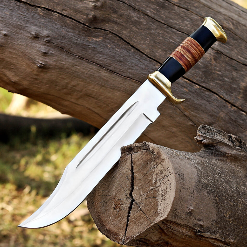 Classic Brass Guard Bowie Knife – Stainless Steel Hunting Knife with Leather & Wood Handle | Outdoor Survival & Camping Blade