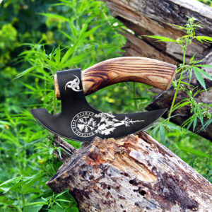 Handcrafted Viking Bearded Axe with Leather Sheath – Engraved Carbon Steel Camping Hatchet with Wooden Handle