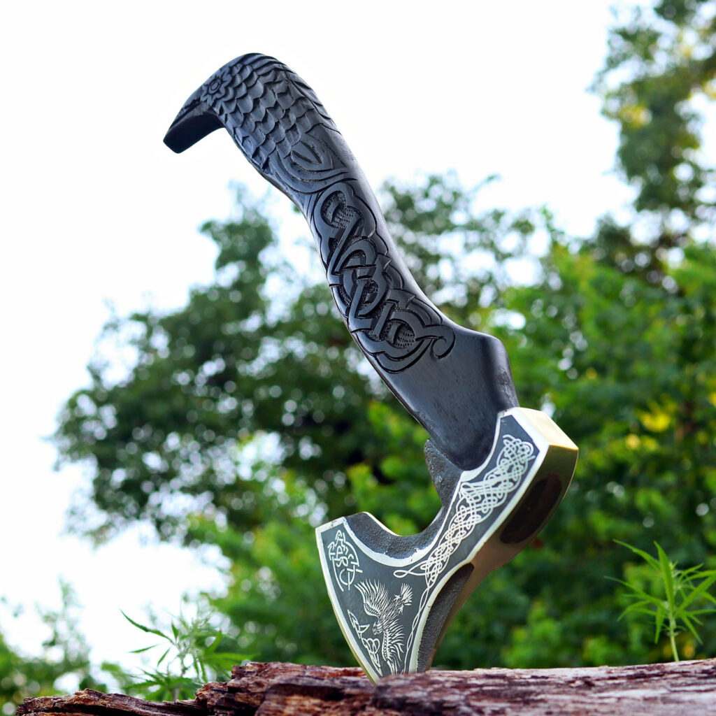 Engraved Viking Bearded Axe – Carbon Steel Raven Design Hatchet with Wooden Handle