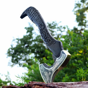 Engraved Viking Bearded Axe – Carbon Steel Raven Design Hatchet with Wooden Handle
